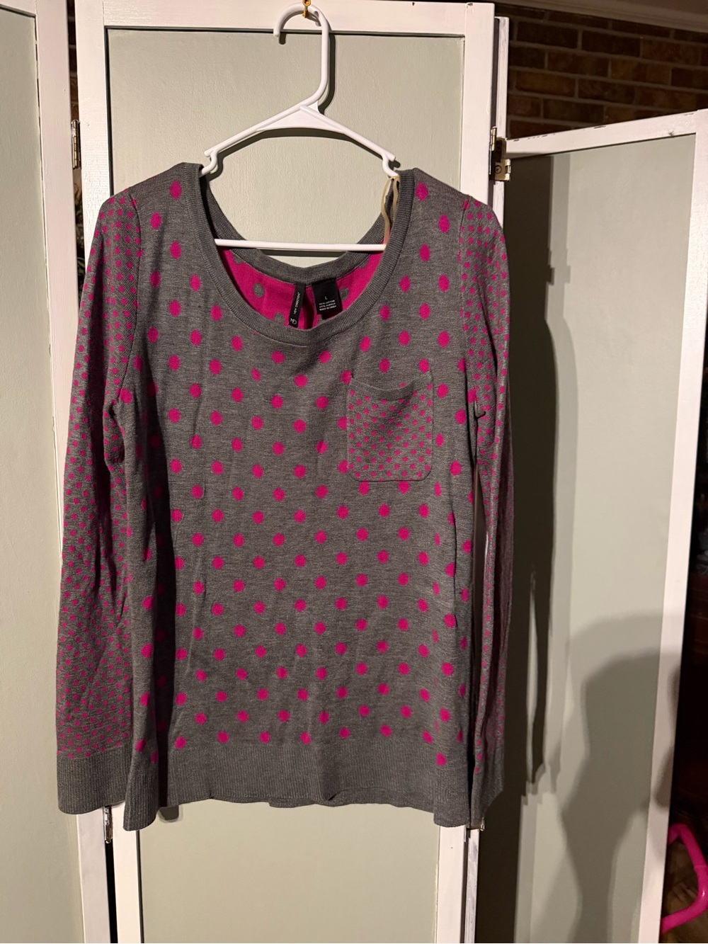 Purple and gray polka dot sweater L
